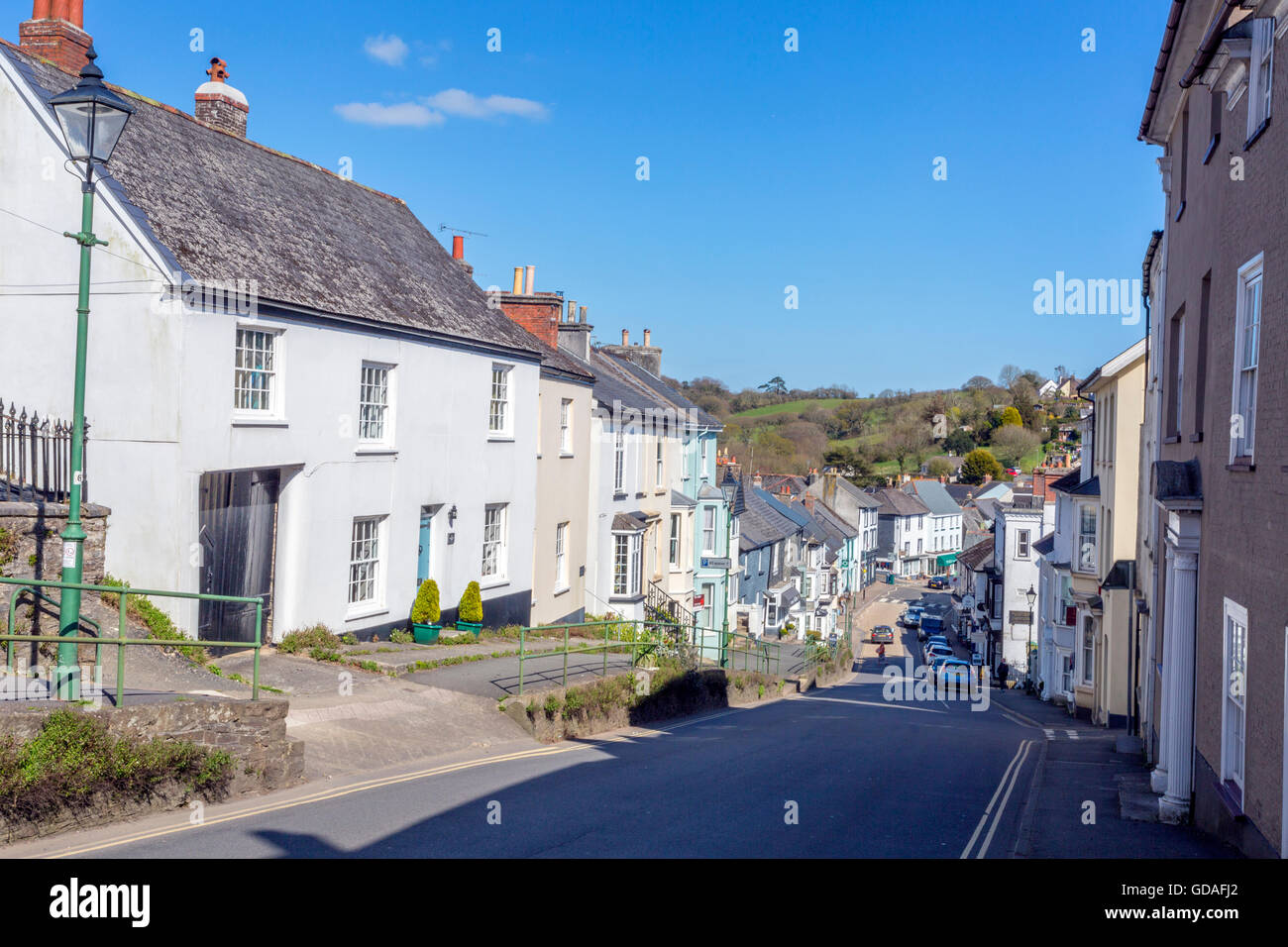 Colourful houses in Church Street, the main road through Modbury, an