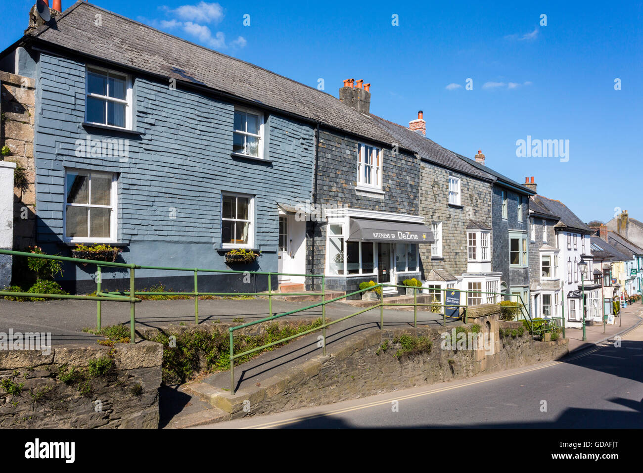 Slate clad houses in Church Street, the main road through Modbury, an