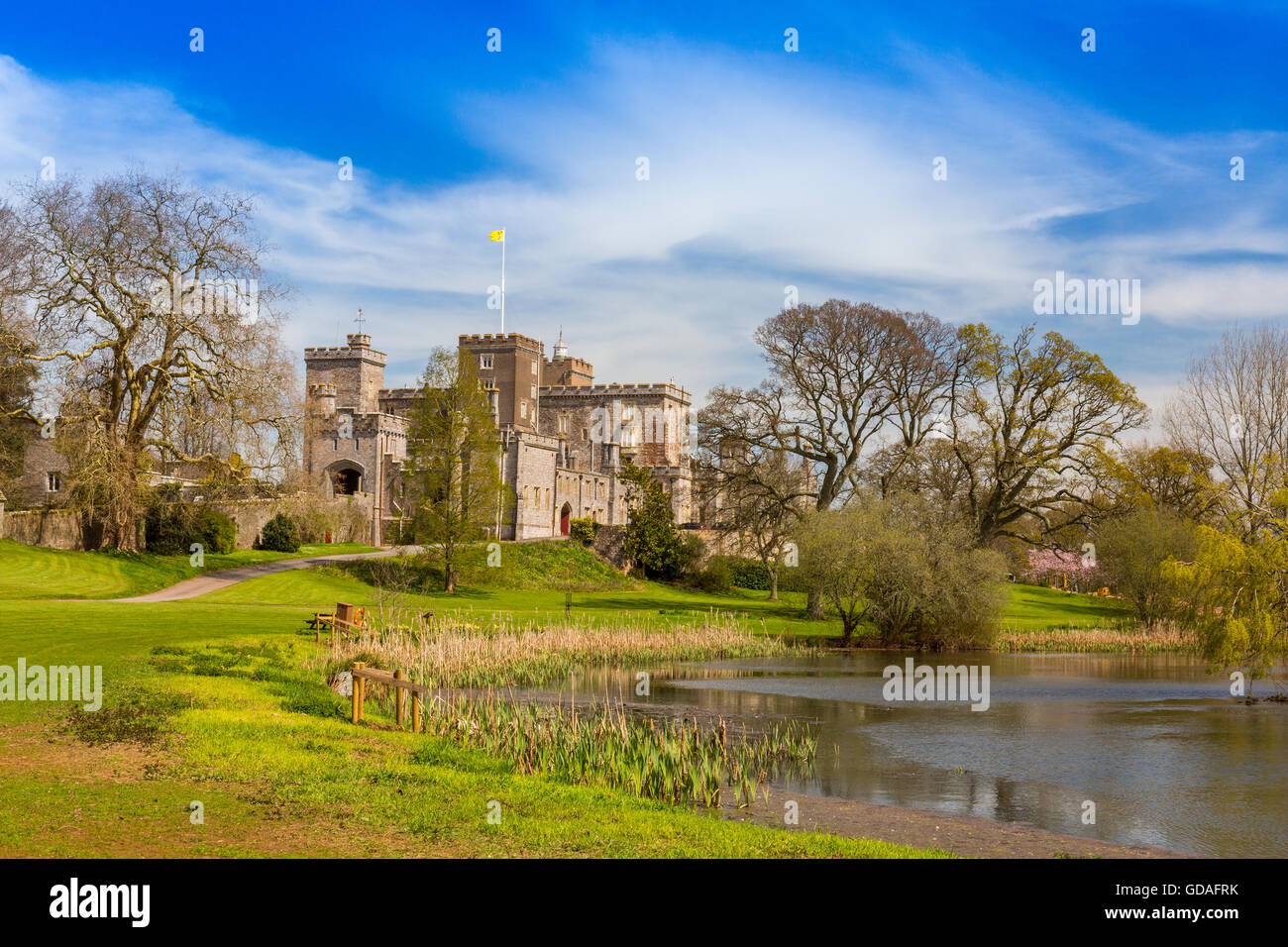 The lake at Powderham Castle, home to the Earls of Devon in Kenton, near Exeter, Devon, England