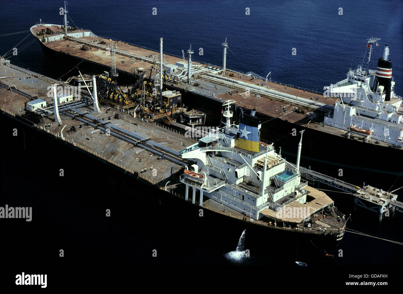 Supertankers loading oil off the Persian Gulf coast of Dahran in Saudi Arabia. Middle East. Stock Photo
