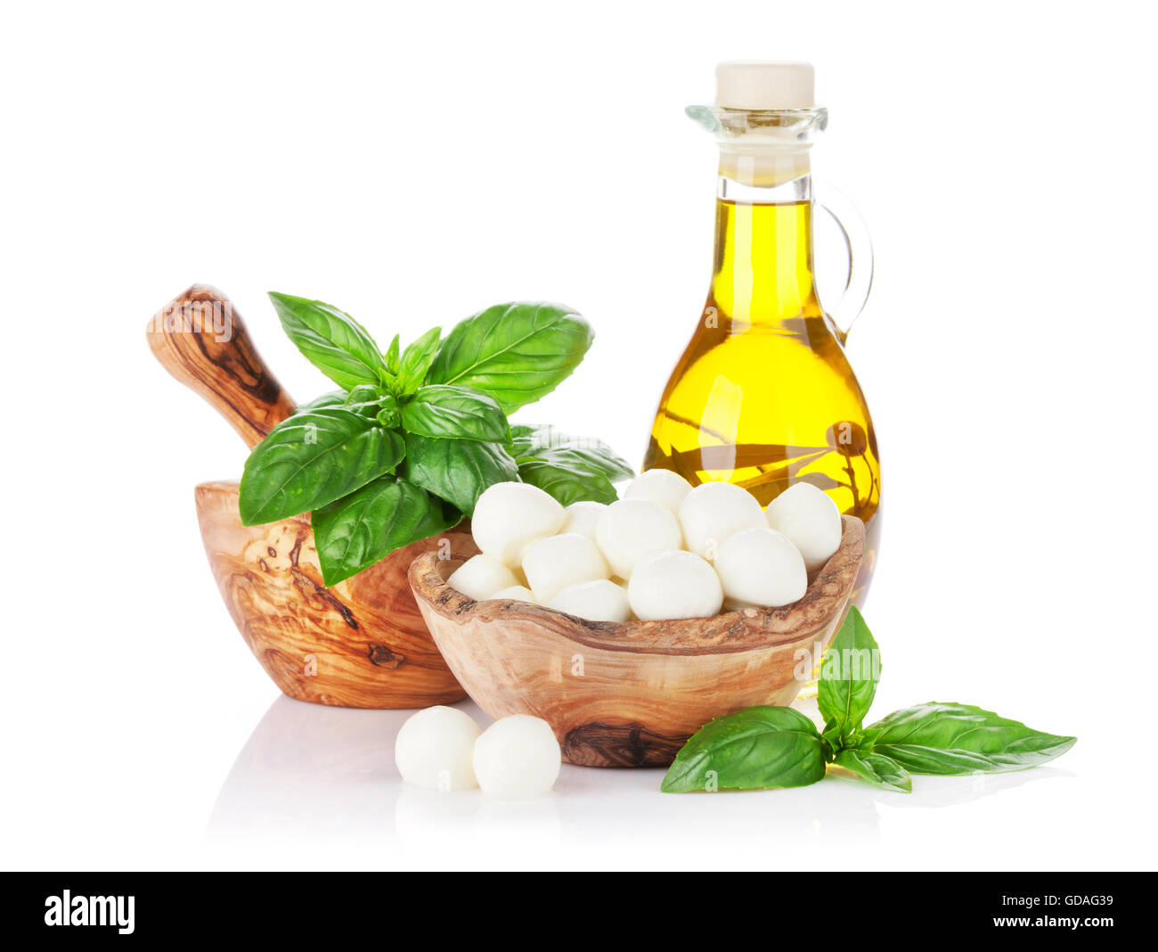 Mozzarella cheese, olive oil and basil herb leaves. Isolated on white background Stock Photo Alamy