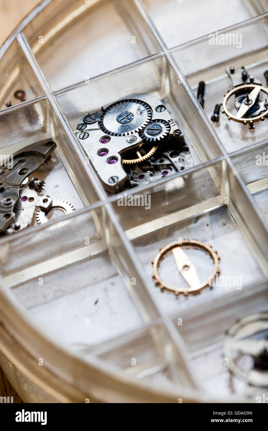 Horologists supplies for watch and clock repairs laid out in a tray with gears and assorted components Stock Photo