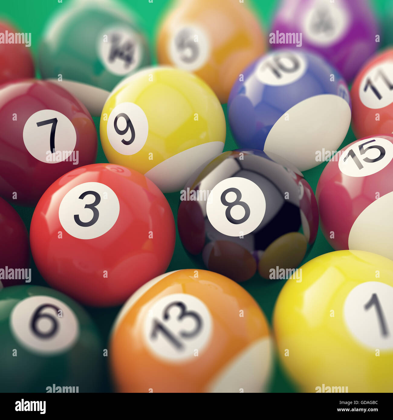 Group colorful glossy billiard pool game balls with depth of field