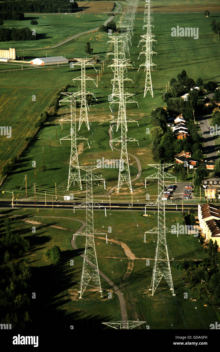  Aerial view of a series of 750 kv electricity pylons with for