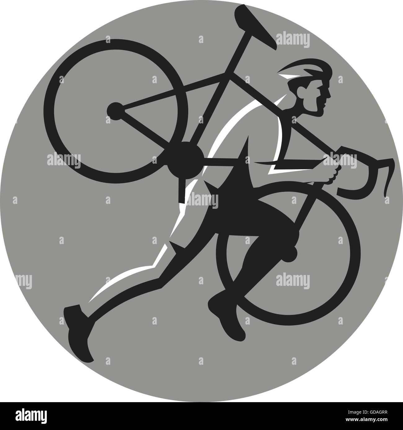 Illustration of a cyclocross athlete running carrying bicycle on shoulder viewed from the side set inside circle on isolated background done in retro style. Stock Vector