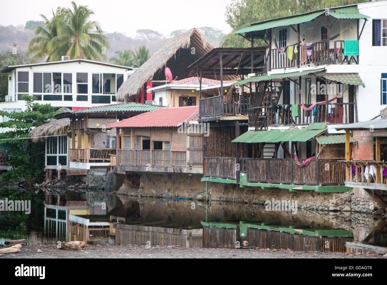 Wooden houses built over a salty lagoon at Playa el Tunco, El Salvador Stock Photo Alamy