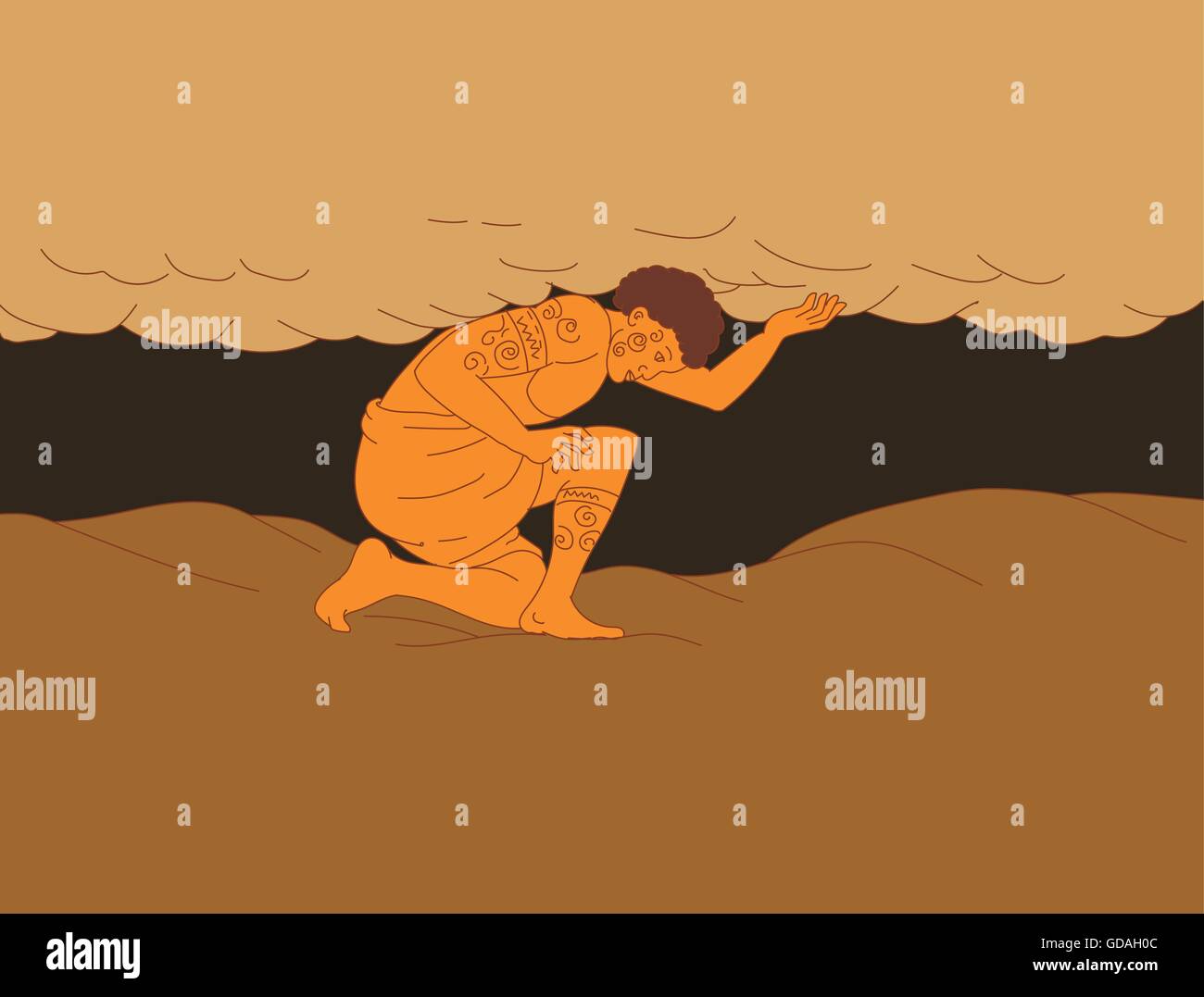 Drawing sketch style illustration of a Samoan Atlas kneeling looking to the ground holding sky from earth viewed from the side. Stock Vector