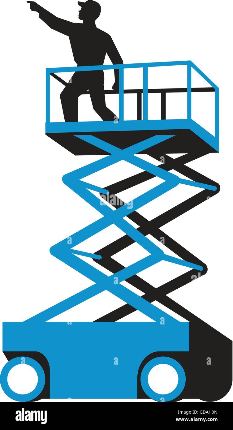 Illustration of a worker on a scissor lift or cherry picker and also known as an aerial work platform (AWP), aerial device, elevating work platform (EWP), or mobile elevating work platform (MEWP), pointing viewed from the side set on isolated white backgr Stock Vector