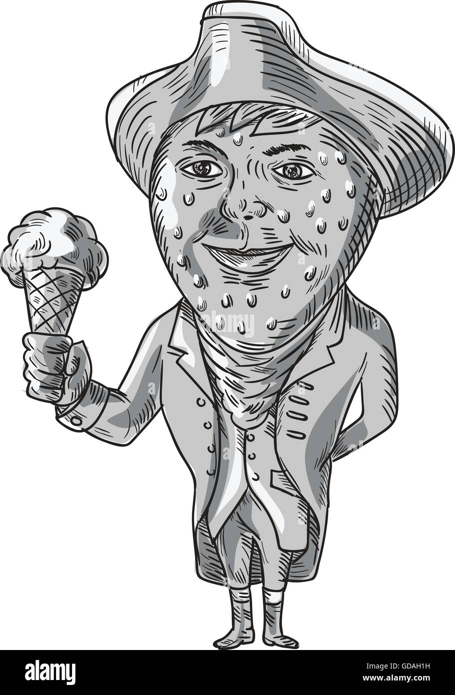 Drawing sketch style illustration of a victorian gentleman with strawberry head wearing tricorn hat holding ice cream cone facing front set on isolated white background done in black and white. Stock Vector