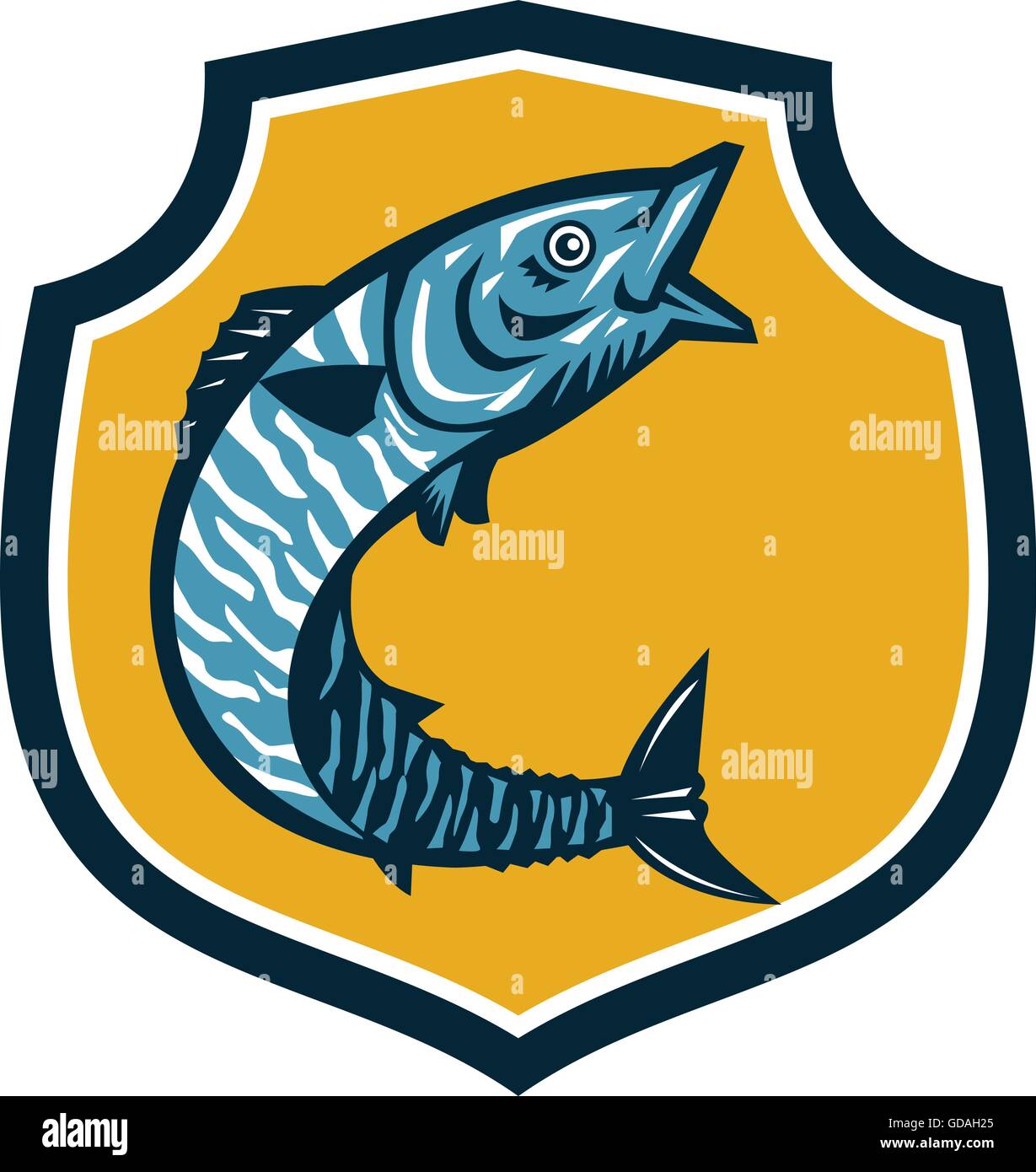Illustration of a wahoo , Acanthocybium solandri, a scombrid fish jumping up viewed from the side set inside shield crest on isolated background done in retro style. Stock Vector
