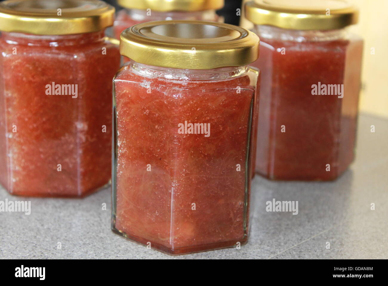 Homemade rhubarb jam, jam making, preserves, plate test, boiling point