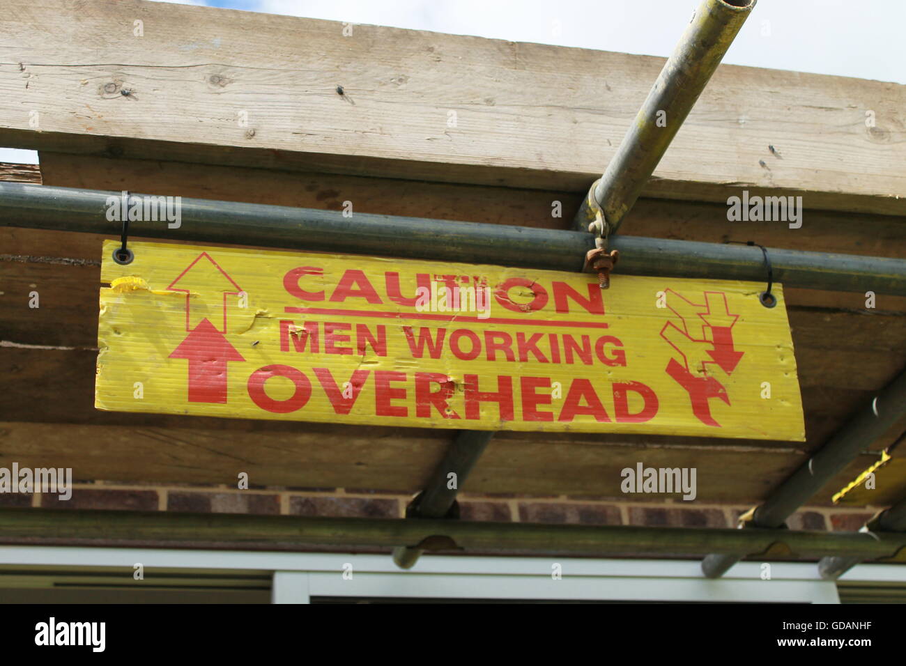 Scaffolding warning sign, hazard, men at work, construction, building