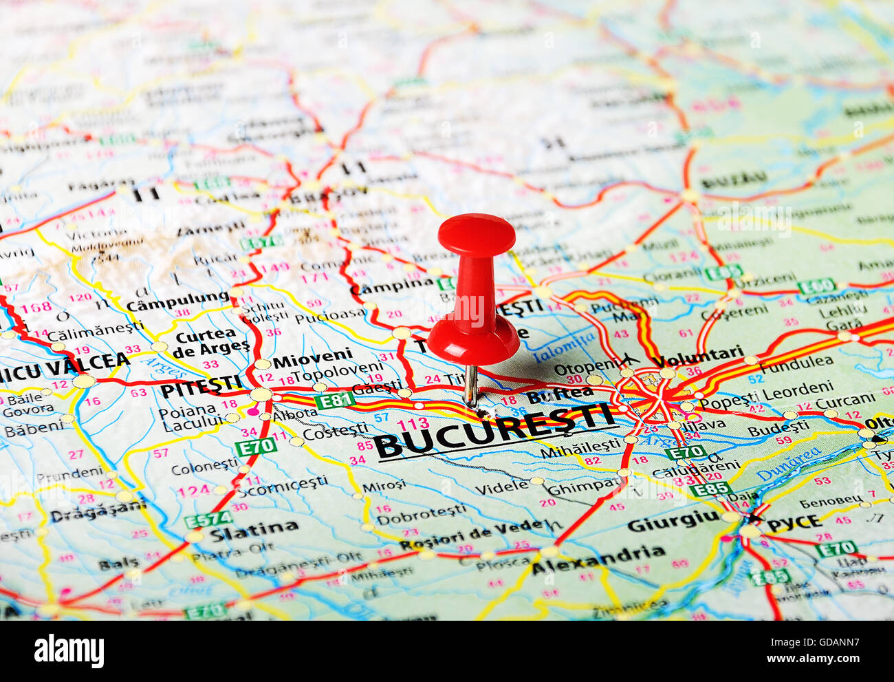Close up of Bucuresti,Romania  map with red pin - Travel concept Stock Photo
