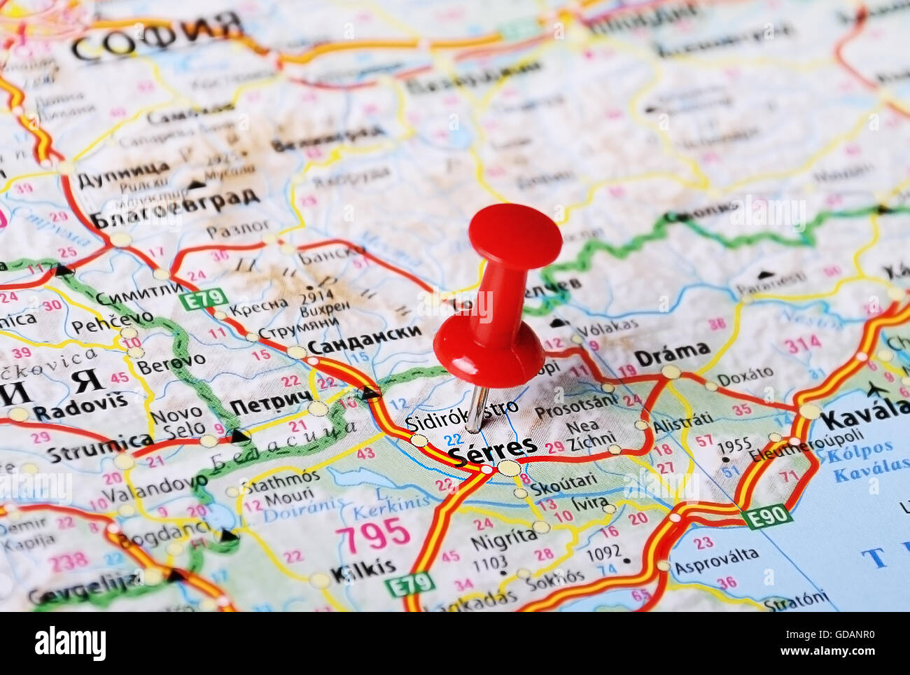 Close up of Serres , Greece map with red pin - Travel concept Stock Close up of Serres , Greece map with red pin - Travel concept Stock