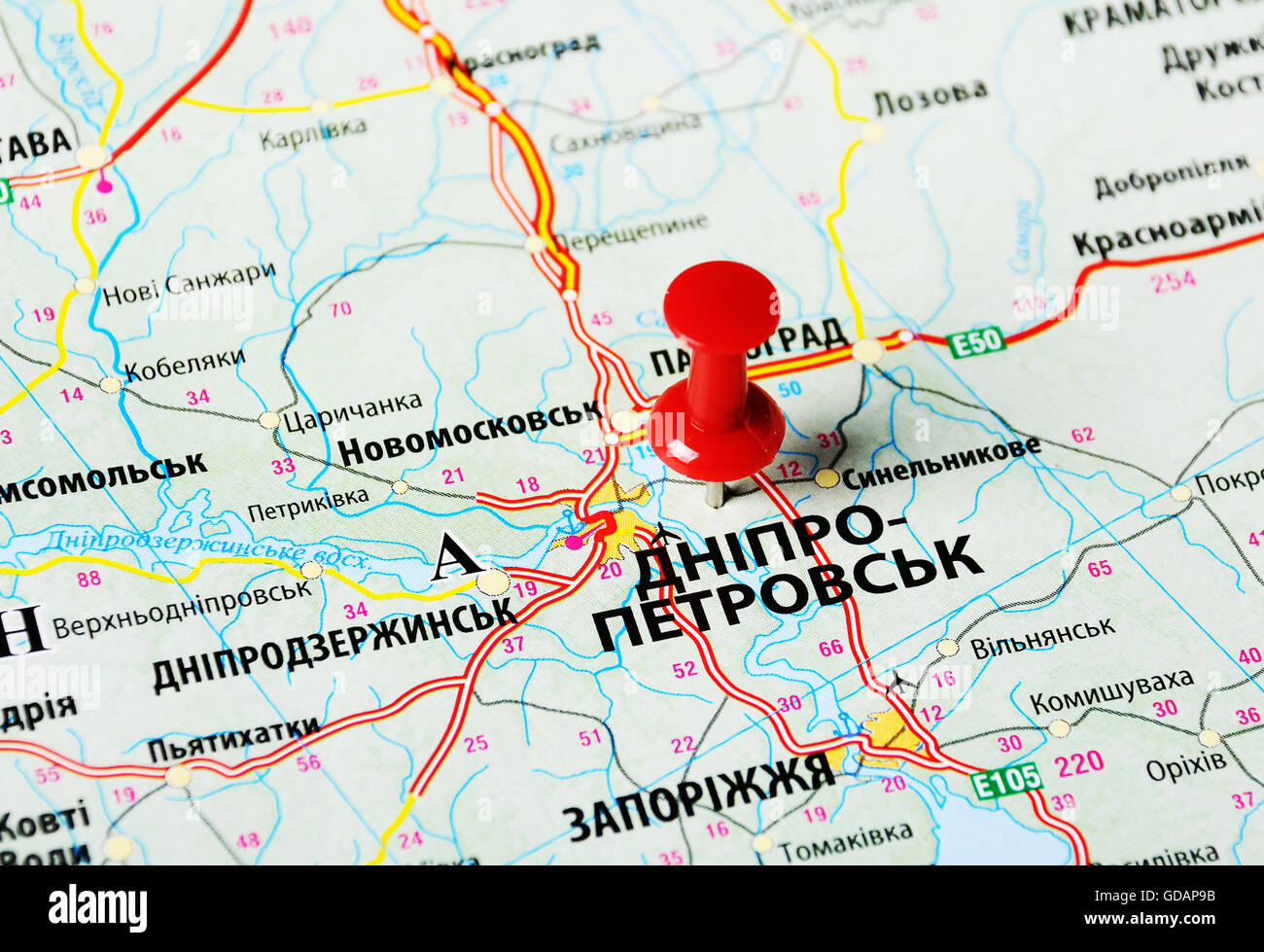 Close up of  Dnepropetrovsk  ,Ukraine , map with red pin Stock Photo