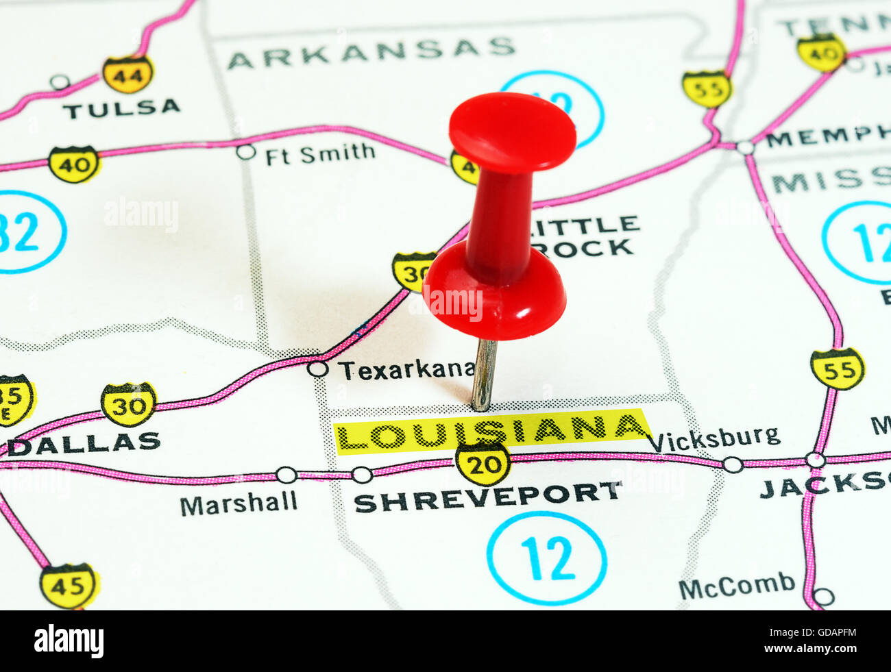 Close up of Louisiana state USA map with red pin Travel concept Stock