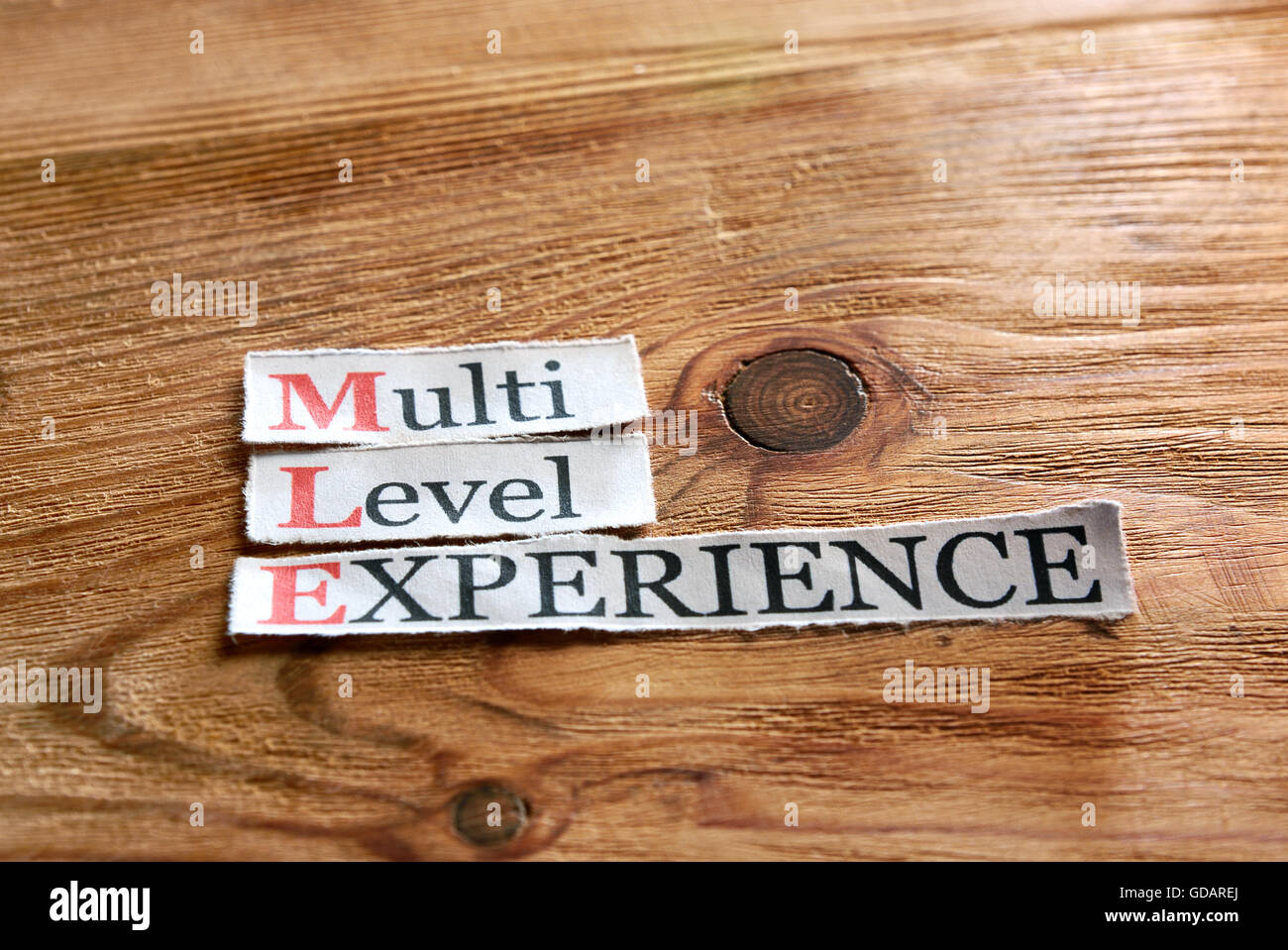MLE- Multi Level Experience  written on paper on wooden background Stock Photo