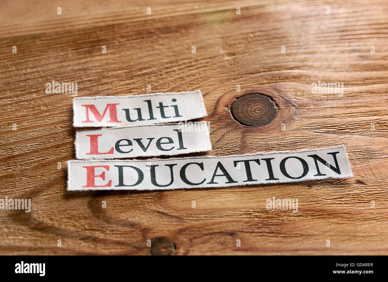 MLE- Multi Level Education  written on paper on wooden background Stock Photo