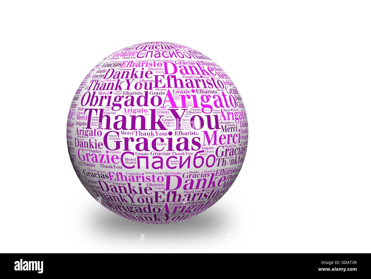 Conceptual thank you word cloud written on 3d sphere. Terms in different languages such as merci, mahalo, danke, gracias, kitos, Stock Photo