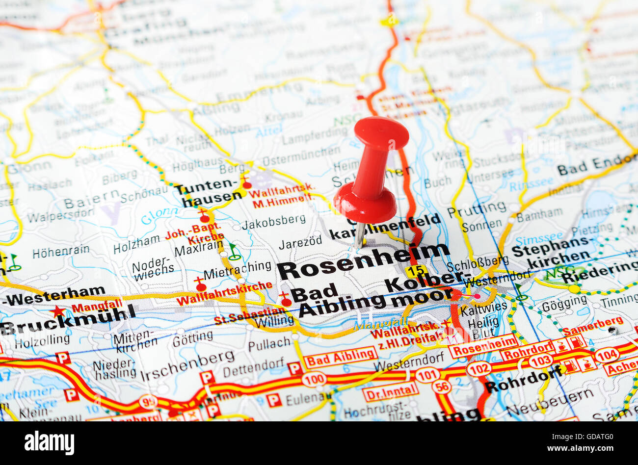 Close up of Rosenheim , Austria  map with red pin    - Travel concept Stock Photo