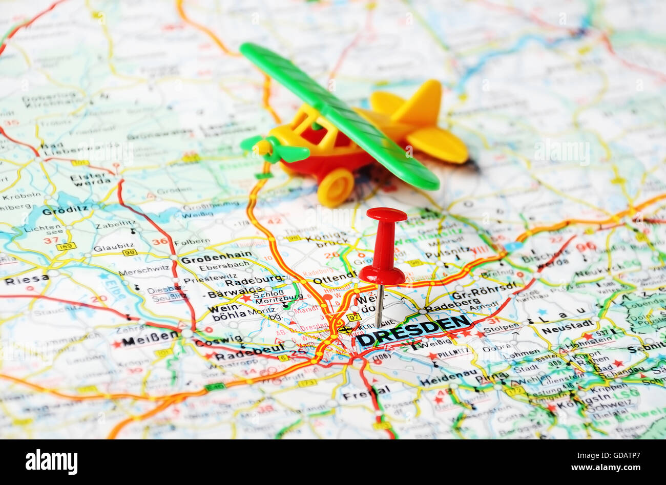 Close up of  Dresden,Germany  map with red pin and airplane - Travel concept Stock Photo