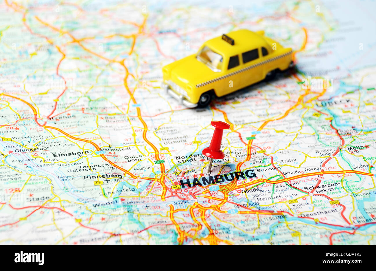 Close up of Hamburg,Germany map with red pin and a taxi - Travel ...