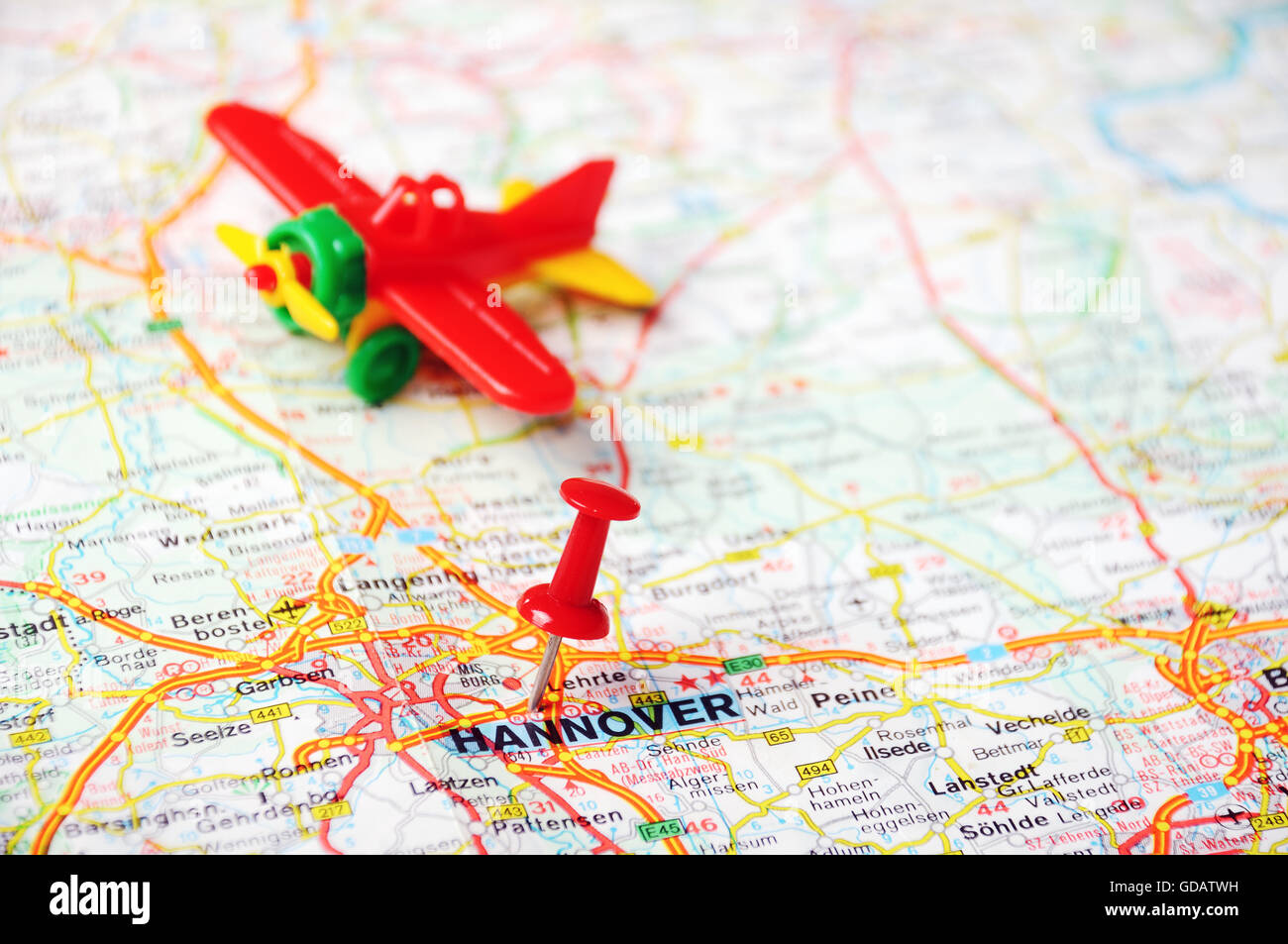 Close up of Hannover map with red pin and airplane - Travel concept ...