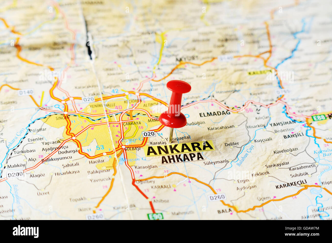 Close up of Ankara ,Turkey  map with red pin    - Travel concept Stock Photo