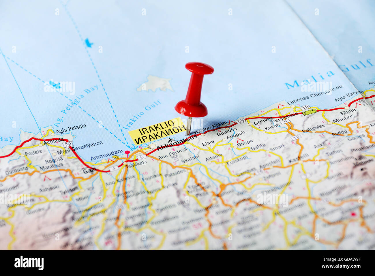 Close up of  Heraklion,Crete island Greece  map with red pin   - Travel concept Stock Photo