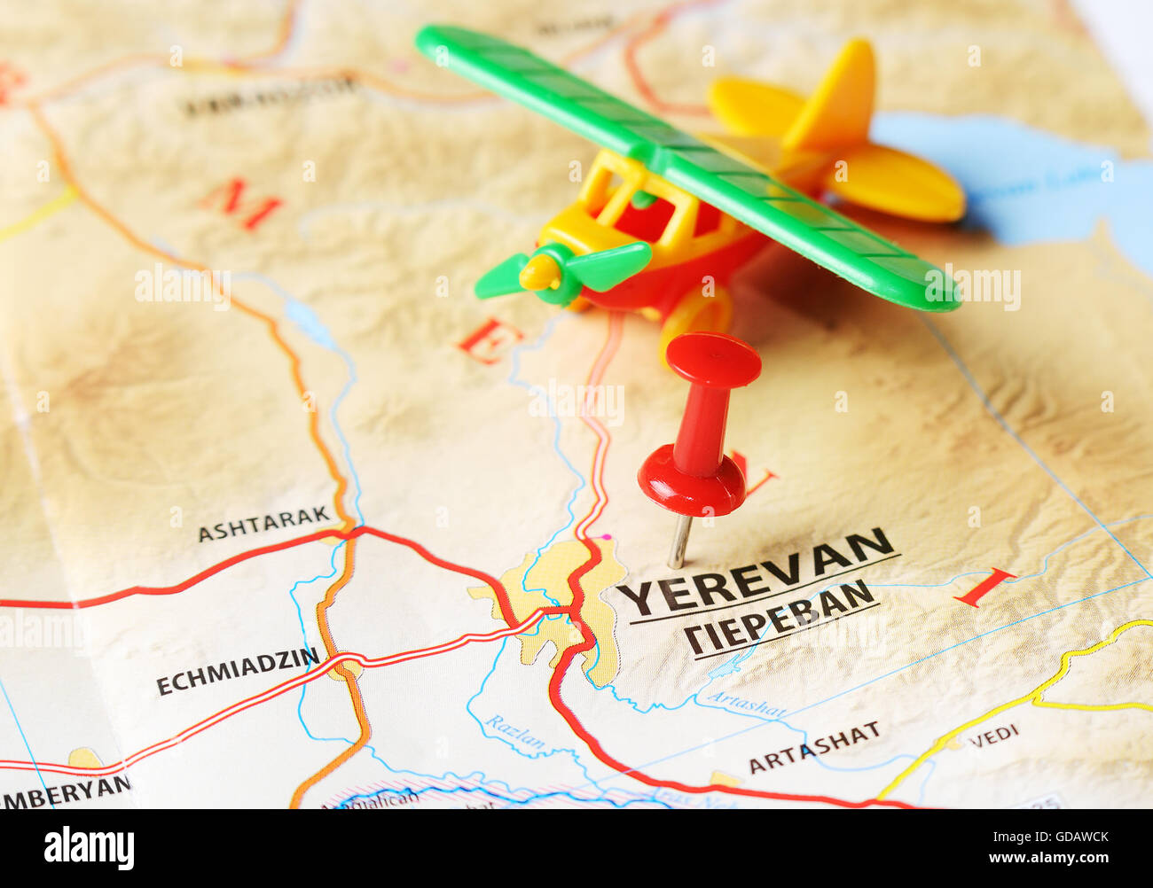 Close up of Yerevan ,Armenia map with red pin amd airplane - Travel ...