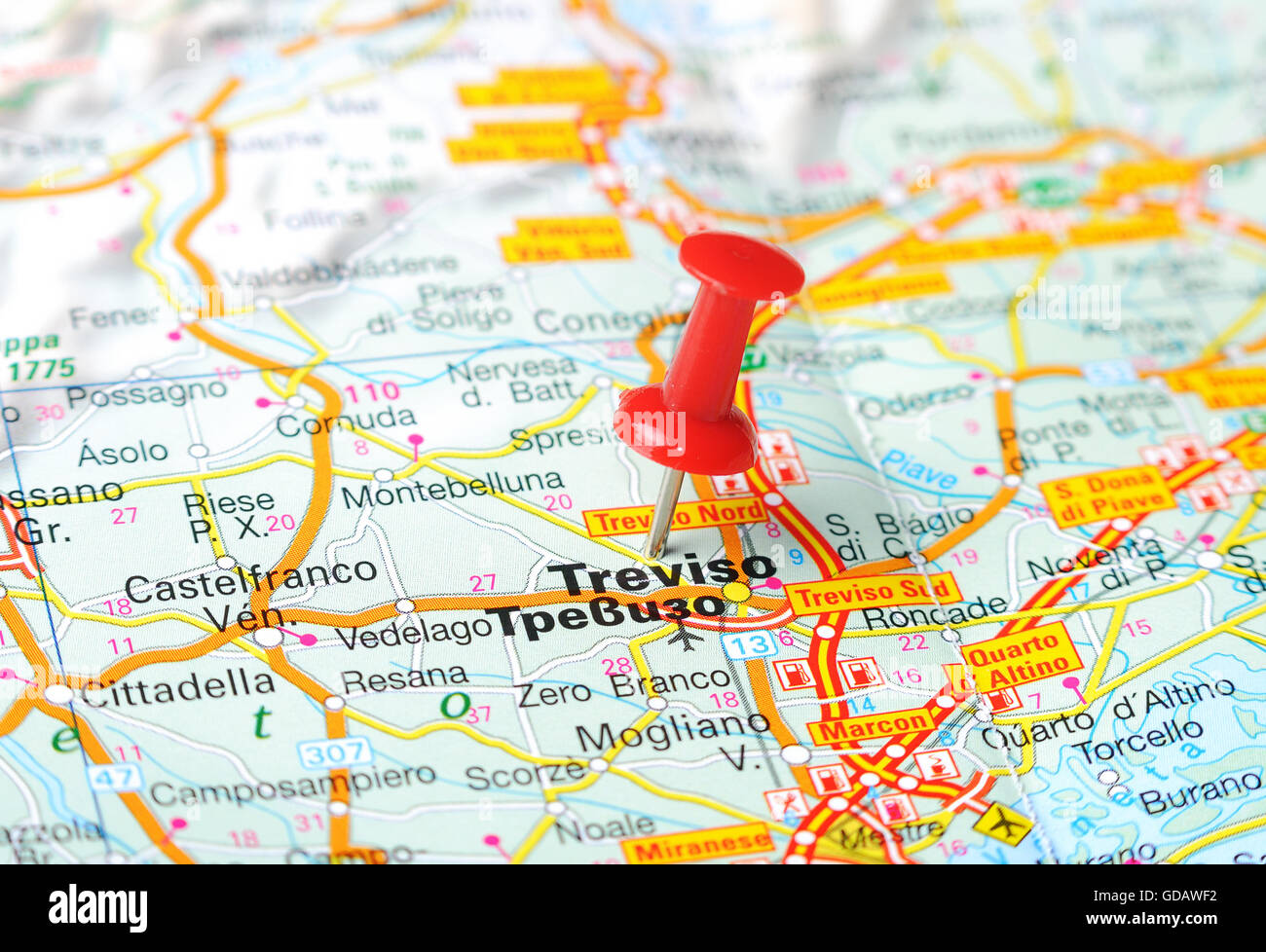 Close up of Treviso , Italy map with red pin Travel concept Stock