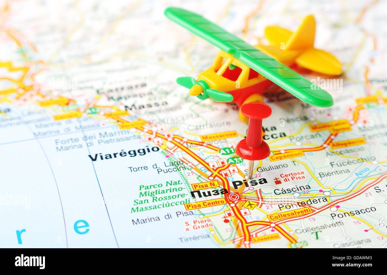 Close up of Pisa , Italy map with red pin and airplane - Travel concept ...