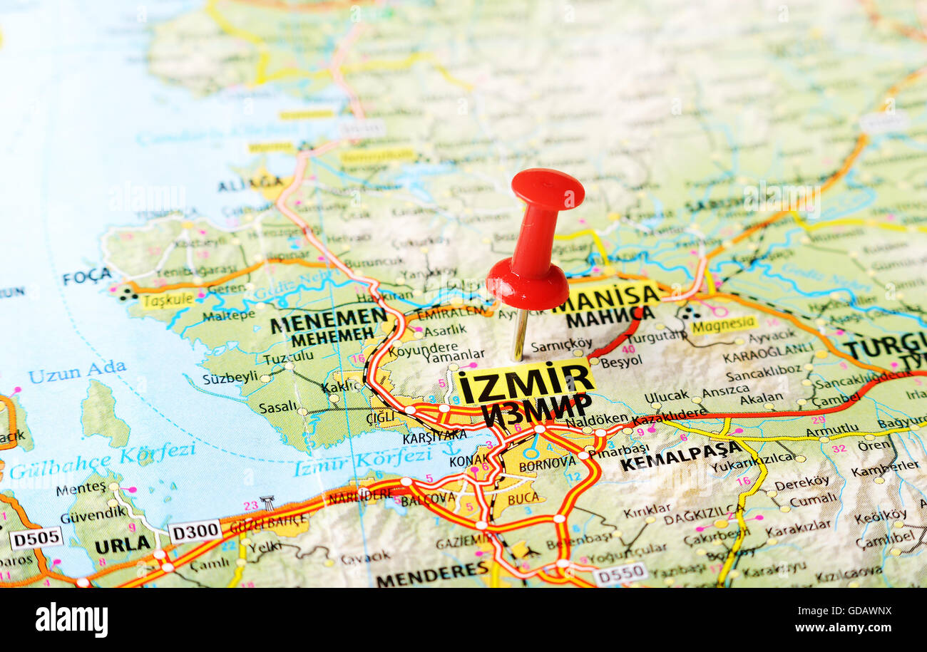 Close up of Izmir ,Turkey map with red pin - Travel concept Stock Photo. 