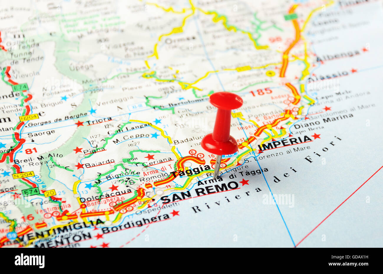 Red push pin pointing at San Remo ,Italy map Stock Photo - Alamy