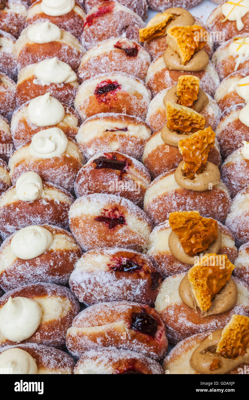 England,London,Southwark,Borough Market,Display of Traditional Donuts