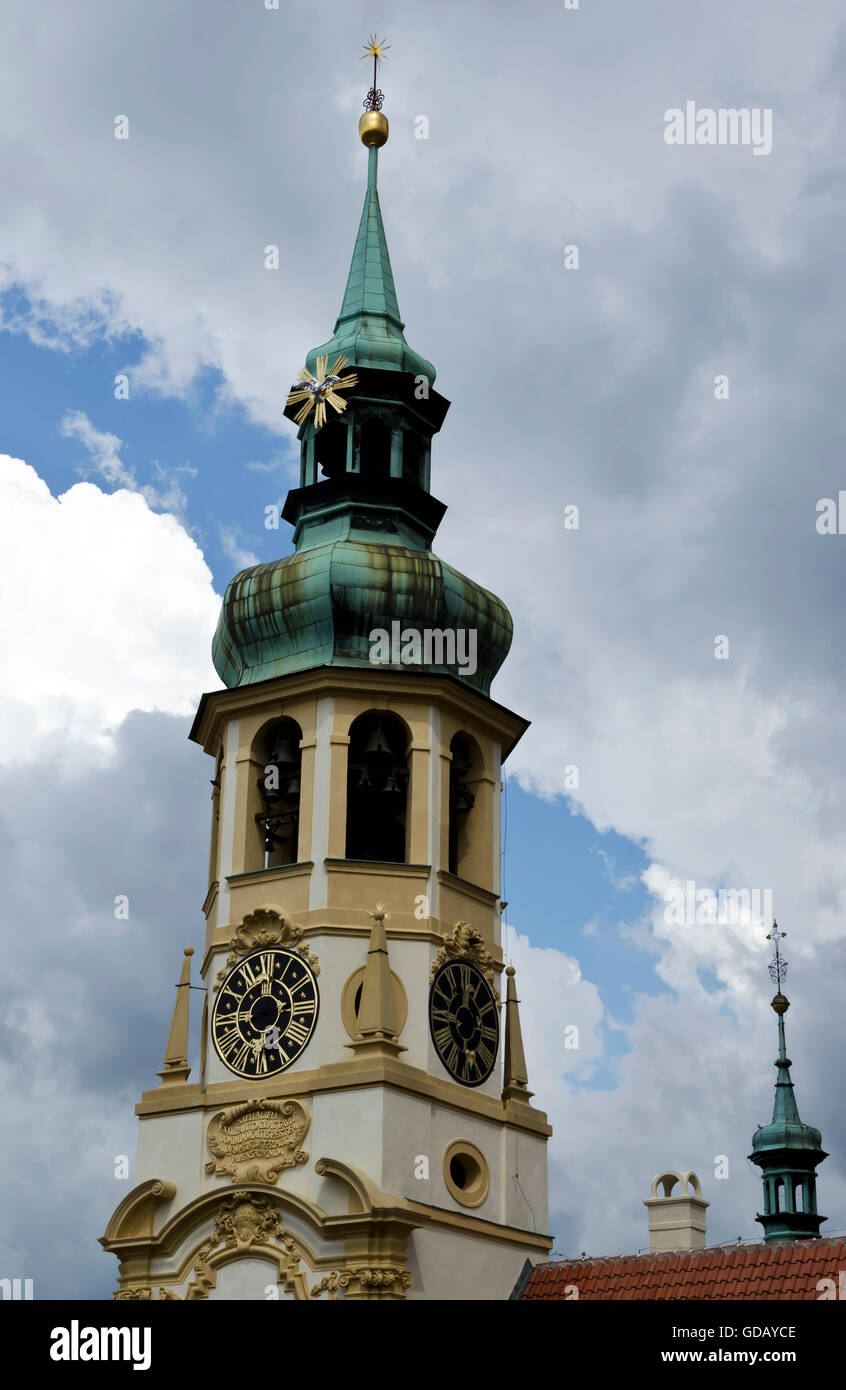 The clock tower on the roof of The Loreto (Loreta) in the centre of Prague (Praha) in the Czech Republic. Stock Photo