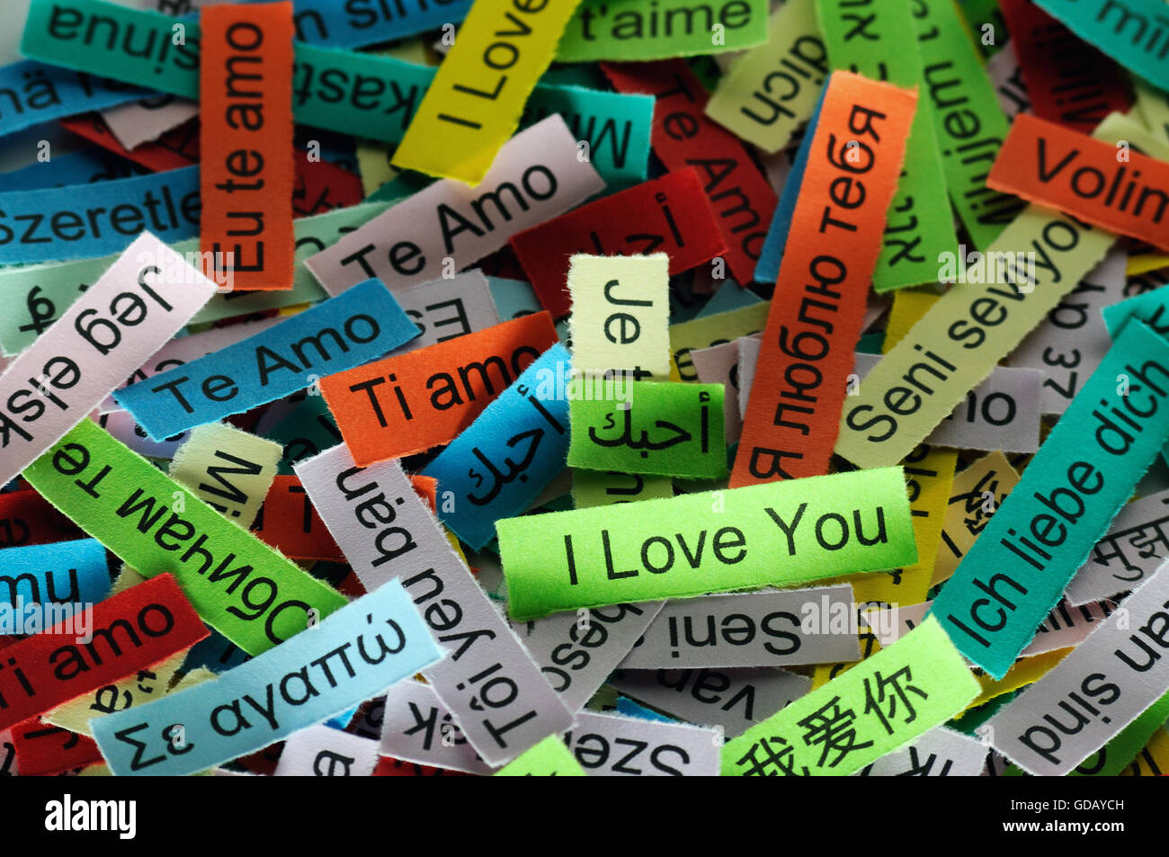 I Love You   Word Cloud printed on colorful paper different languages Stock Photo