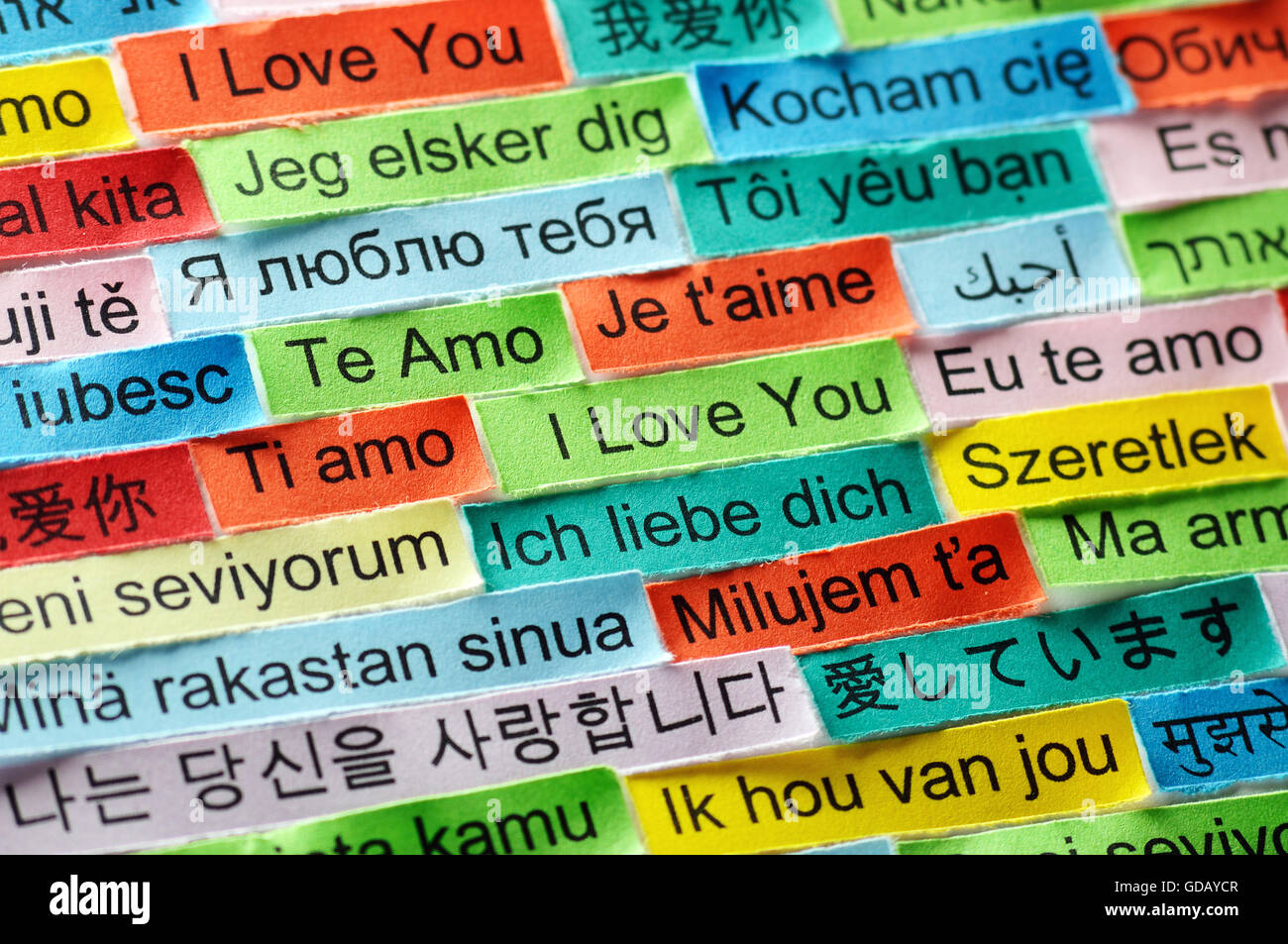 I Love You   Word Cloud printed on colorful paper different languages Stock Photo