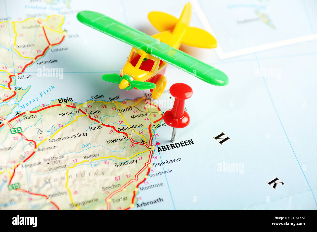 Aberdeen  Scotland  ,United Kingdom  map and  airplane  - Travel concept Stock Photo