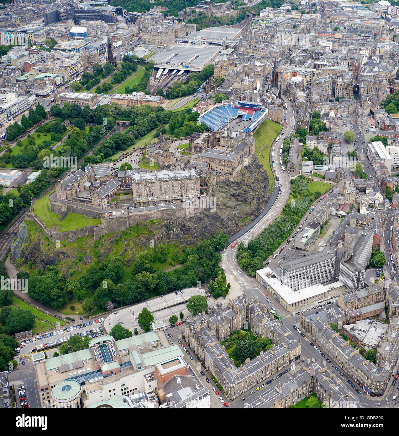 Edinburgh Castle & City Centre from the air, looking over the Old Town and Grass Market, Central Scotland, UK Stock Photo