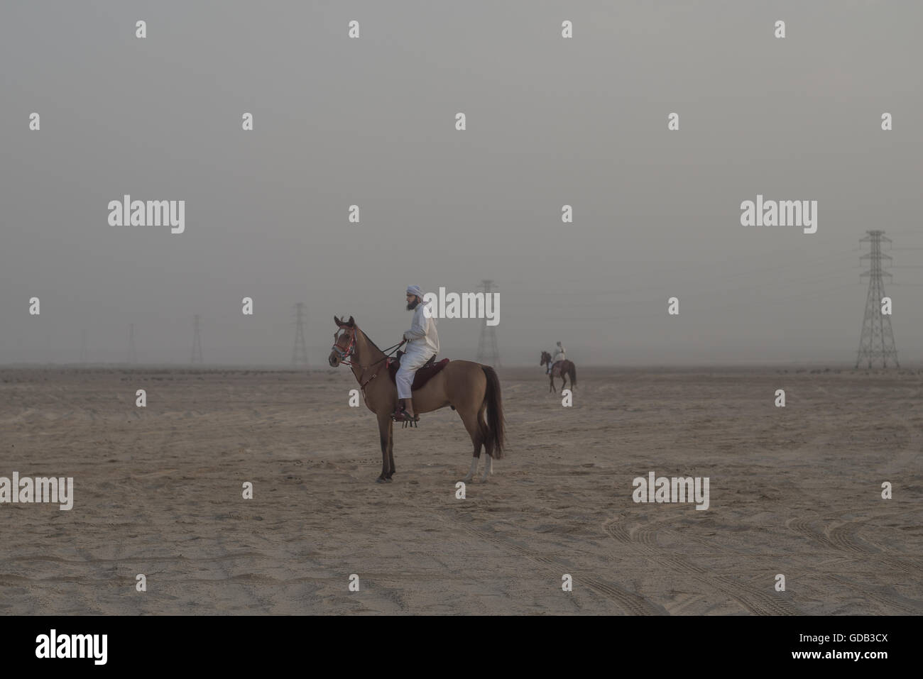 An Arab horseman prepares for the day's hunt during the Al Galayel Hunting  Festival in Qatar. The annual event pits teams of hunters against one  another using traditional Arab hunting techniques Stock