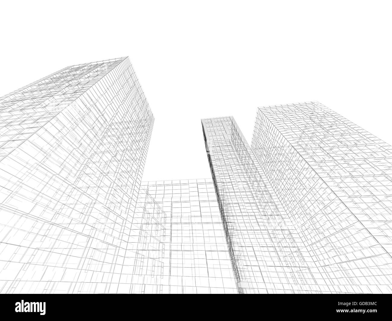 Digital graphic background. Abstract tall buildings perspective view, black wire frame lines isolated on white background. 3d Stock Photo