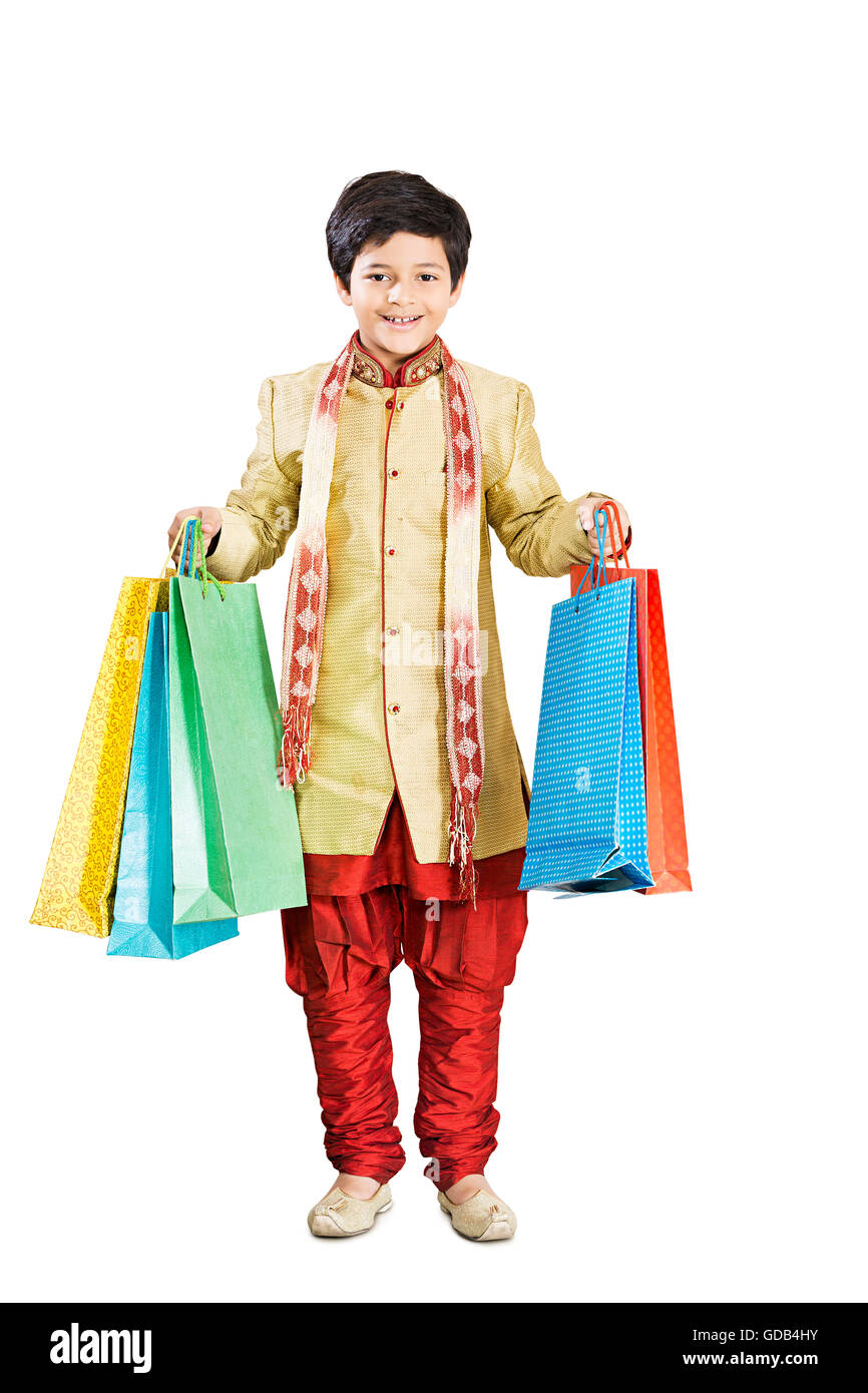 1 kid Boy Diwali Festival Standing Shopping Bag Showing Stock Photo