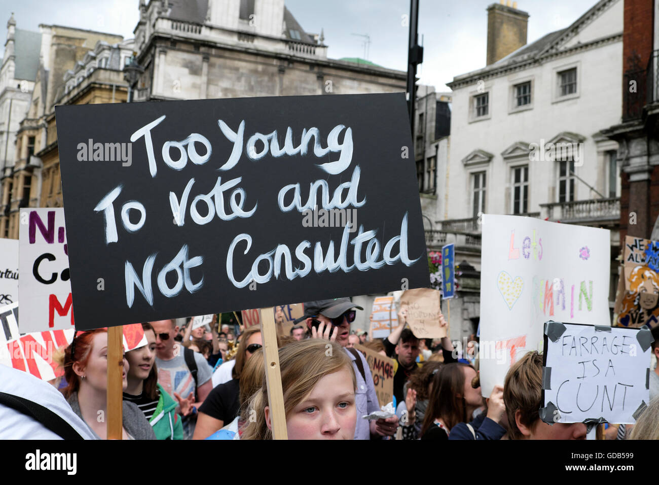Young people protester crowd woman & voting poster 'Too Young to Vote and Not Consulted' at Brexit remain march in London UK 23 June 2016 KATHY DEWITT Stock Photo