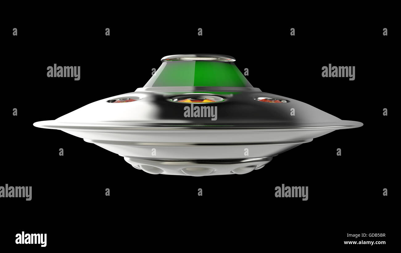 Alien spaceship flying saucer isolated on black  background. 3d Stock Photo