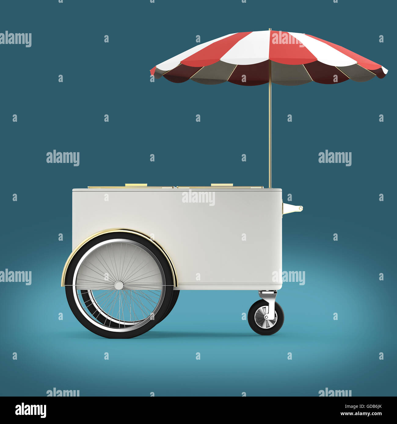 Promotion counter on wheels with umbrella, food, ice cream, hot dog ...