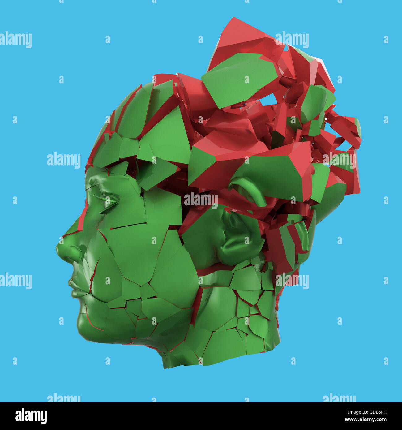 Glossy woman head exploding shuttered Headache, mental problems