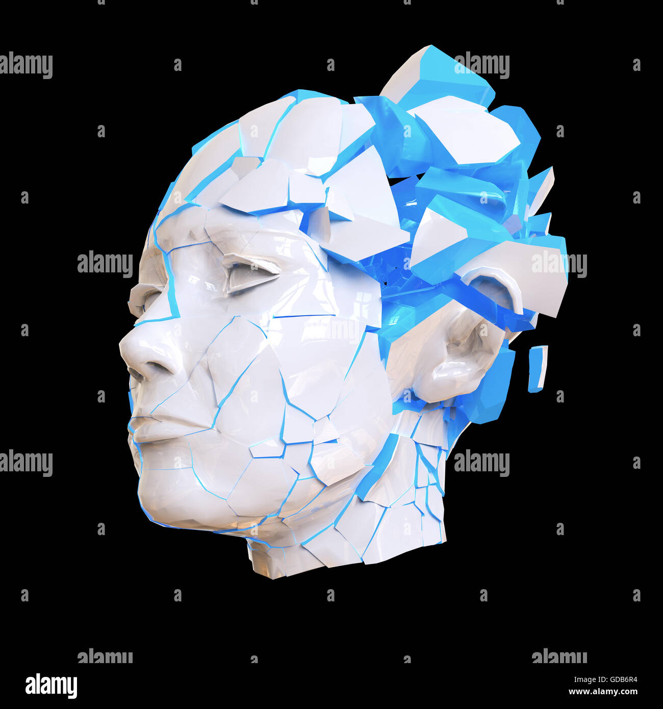 Glossy woman head exploding shuttered Headache, mental problems