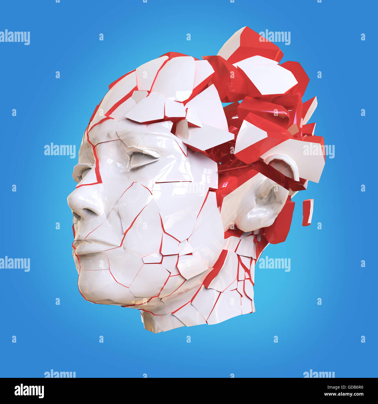 Glossy woman head exploding shuttered Headache, mental problems, stress Stock Photo Alamy