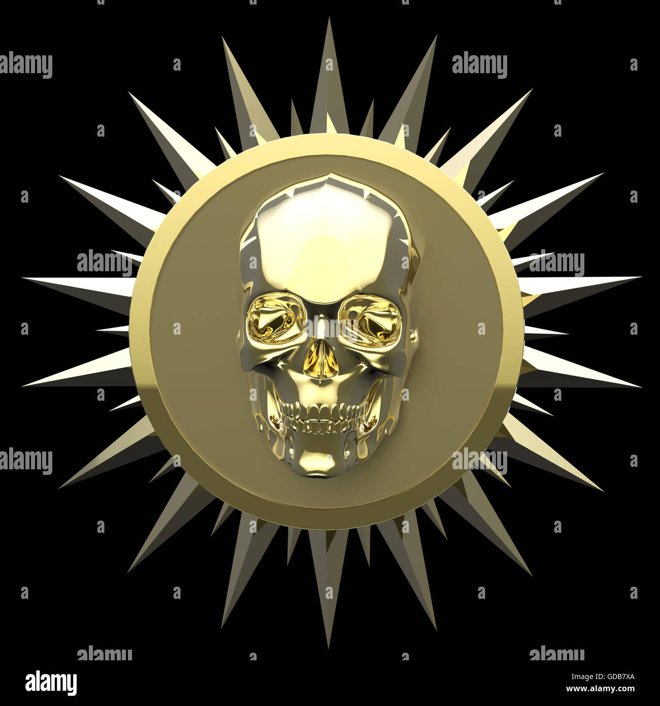 shiny gold metal skull on matte golden plate with   spikes around,isolated  black, pirates crest. render Stock Photo